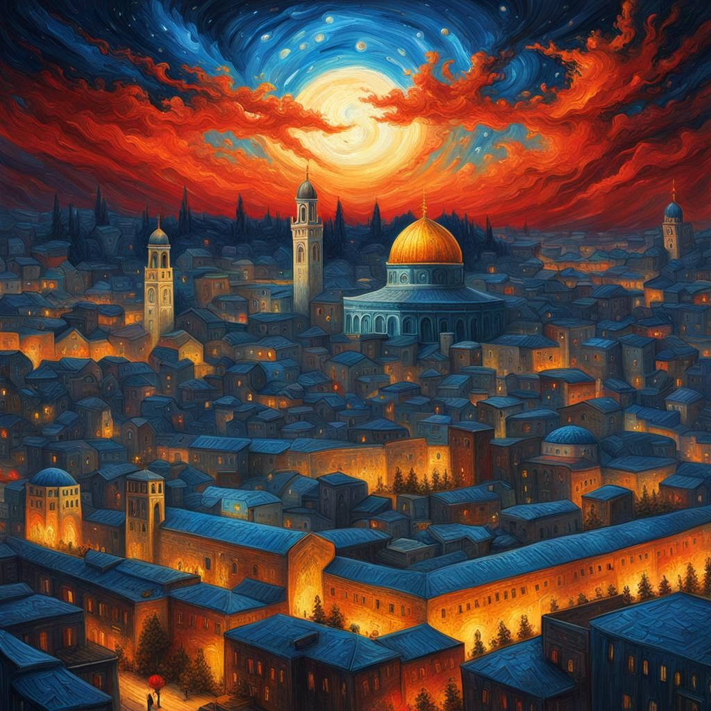 Abstract Jerusalem Oil Sketch with Starry Sky