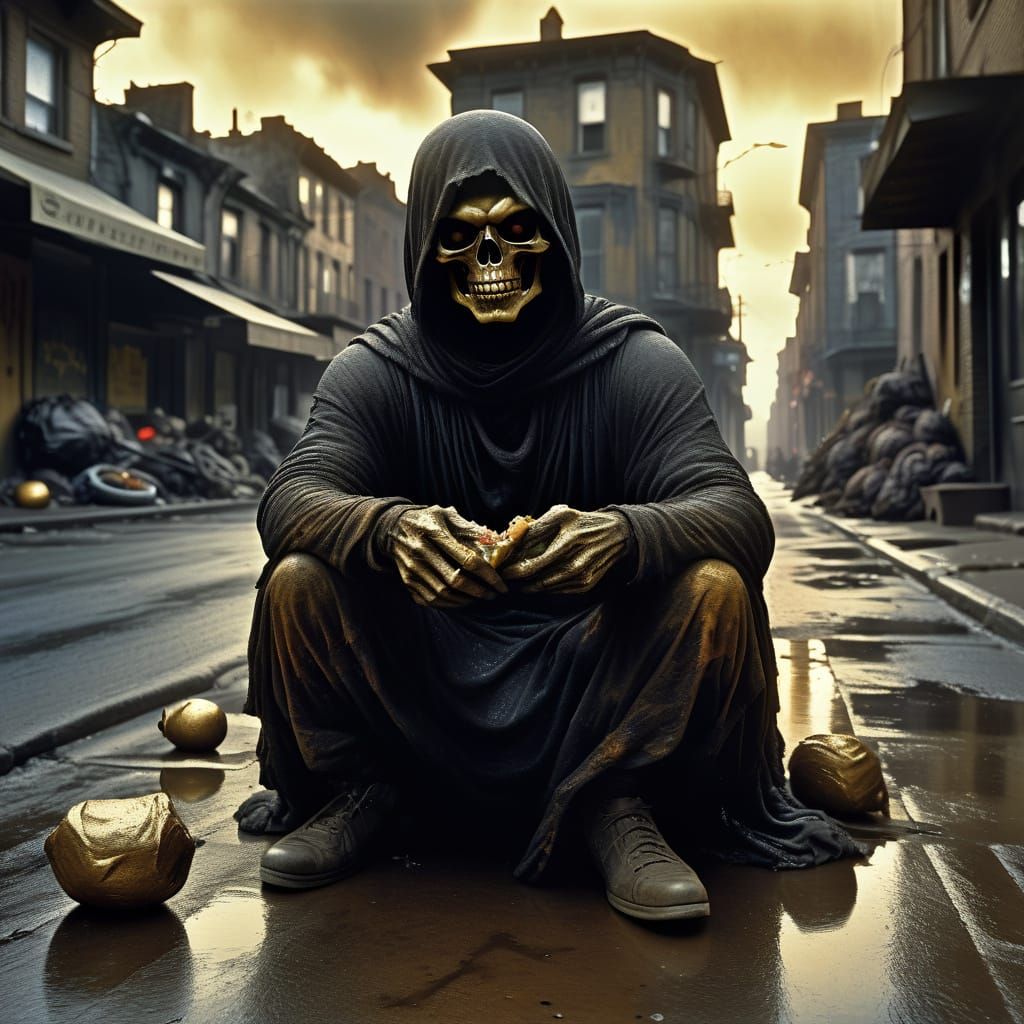 Surreal Film Still of Baby with Scavenging Family