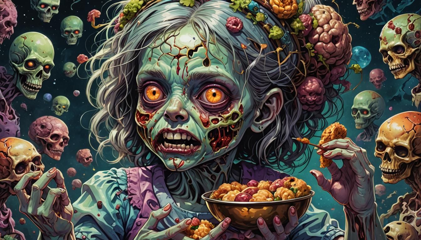 Zombie Girl Eating Brains in Astral Illustration