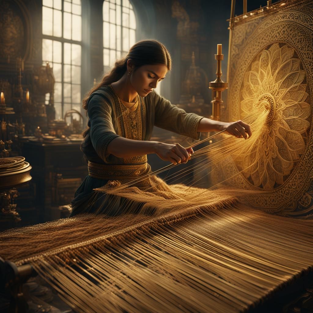 Woman Weaving Golden Tapestry: Digital Matte Painting