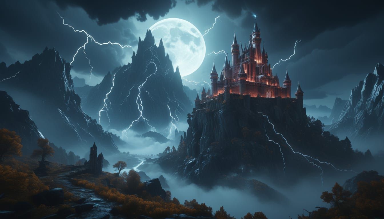 Fairytale Castle Amidst Lightning Storm Landscape