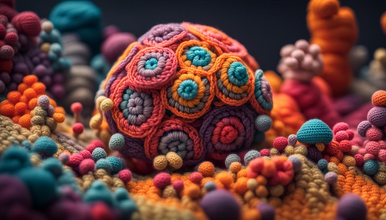 Hyperdetailed Crocheted Yarnscape Under Sunset Nebulae