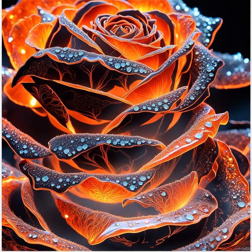 Fiery Bioluminescent Orange Rose in Crystal Glass