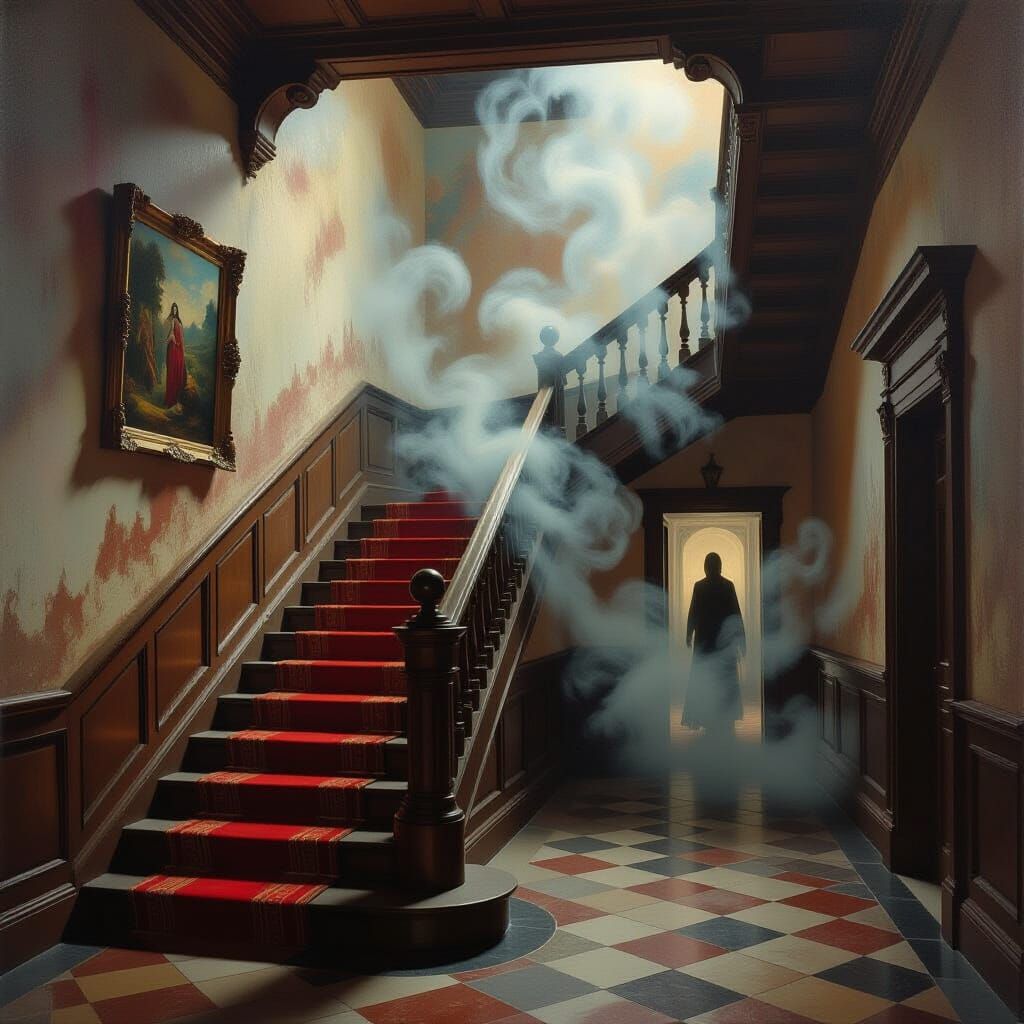 Renaissance Hallway Painting with Ghostly Figure