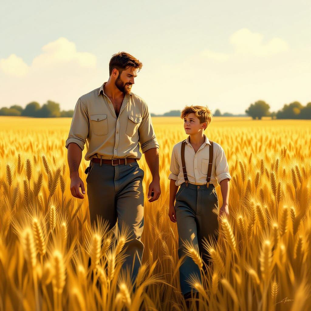 Men Walking Through Golden Wheat Fields, Realistic Digital P...