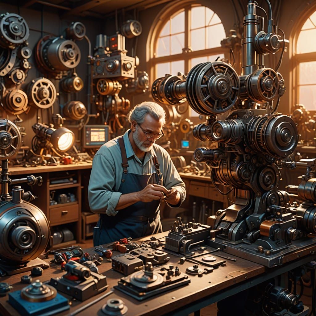 Futuristic Maurice, Belle's father from Beauty and the Beast, assembling his inventions in s cif-fi workshop. Pixar, Dis...
