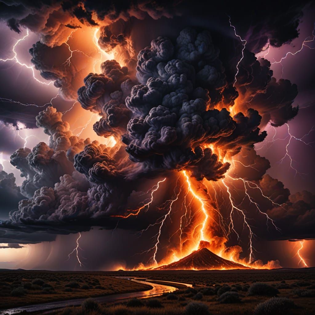 Fiery Orange and Purple Storm Clouds with Lightning