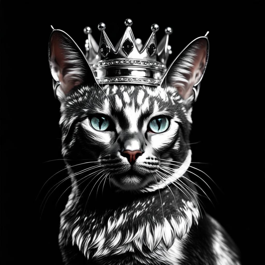 Metallic Cat with Silver Crown on Black