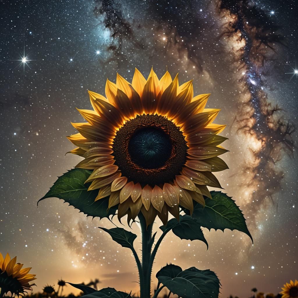 Glowing Sunflower Under Starry Galaxy Sky