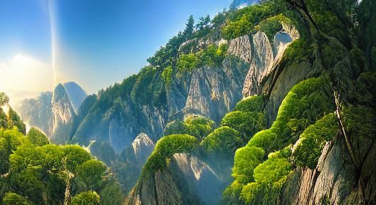 Majestic Huashan Pines on Rocky Mountain in Golden Hour