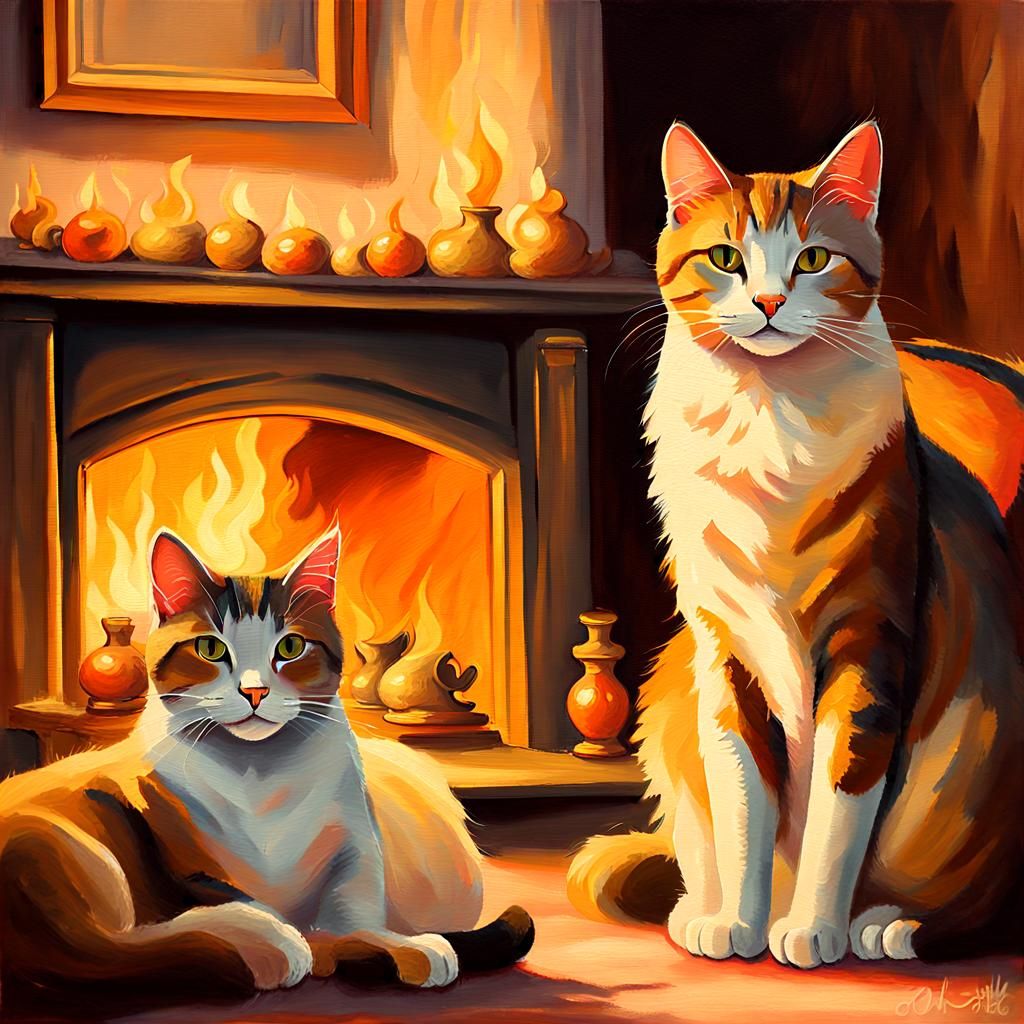 Cozy Cats by Fireplace: Warm Oil Painting