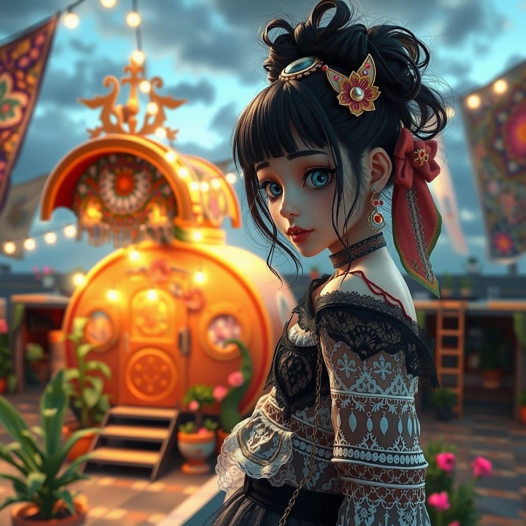 Goth Girl on Rooftop with Bohemian Caravan