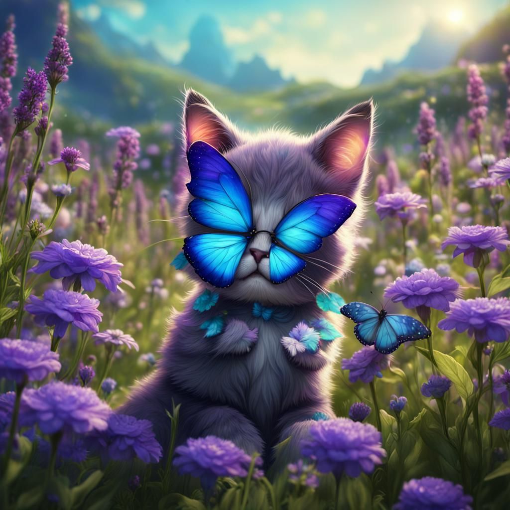 Butterfly-Winged Cat in a Fantasy Meadow