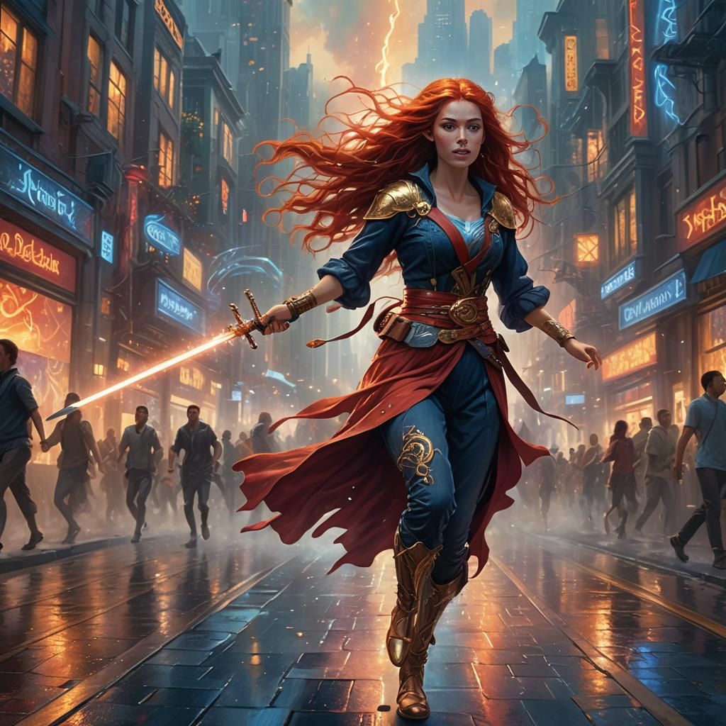 Futuristic Redhead Runs in Neon City, Hyperdetailed Digital ...