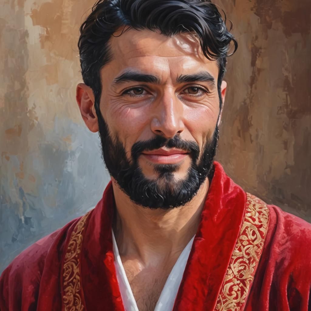 Elegant Man in Red Velvet Bathrobe, Impressionist Style