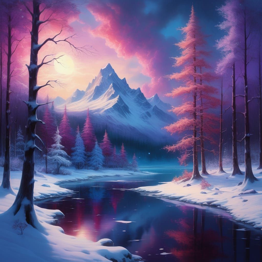 Mystical Winter Realm with Glowing Lake and Crimson Trees