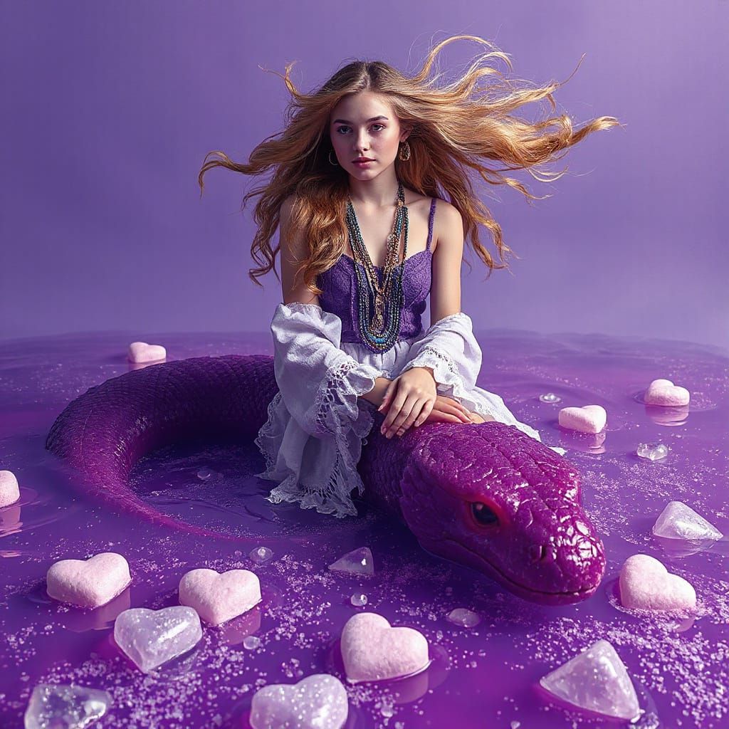 Bohemian Woman on Gummy Serpent in Purple Soda Sea