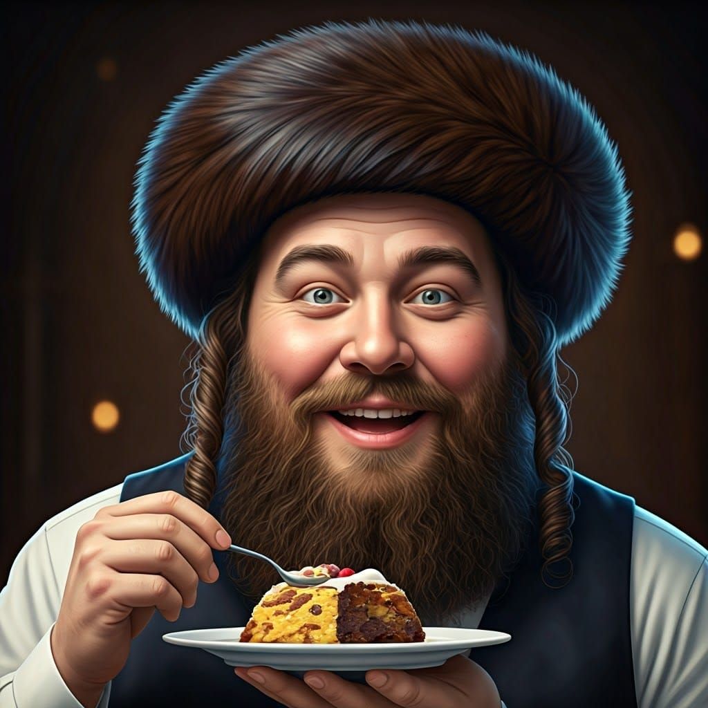 Joyful Hassidic Jew Pouncing on Kugel in Anime Style