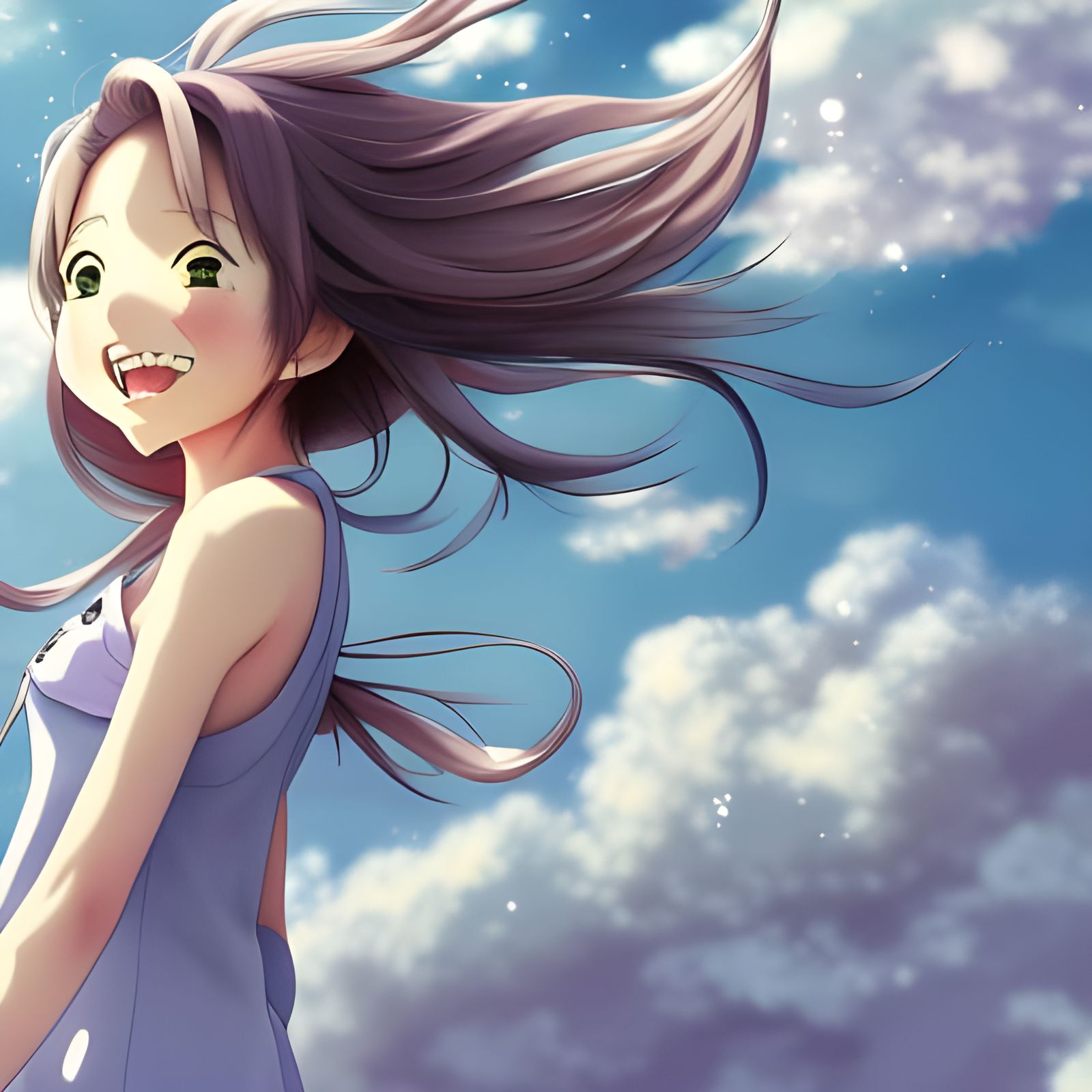 Anime Girl Leaping Over Clouds in Ghibli Style