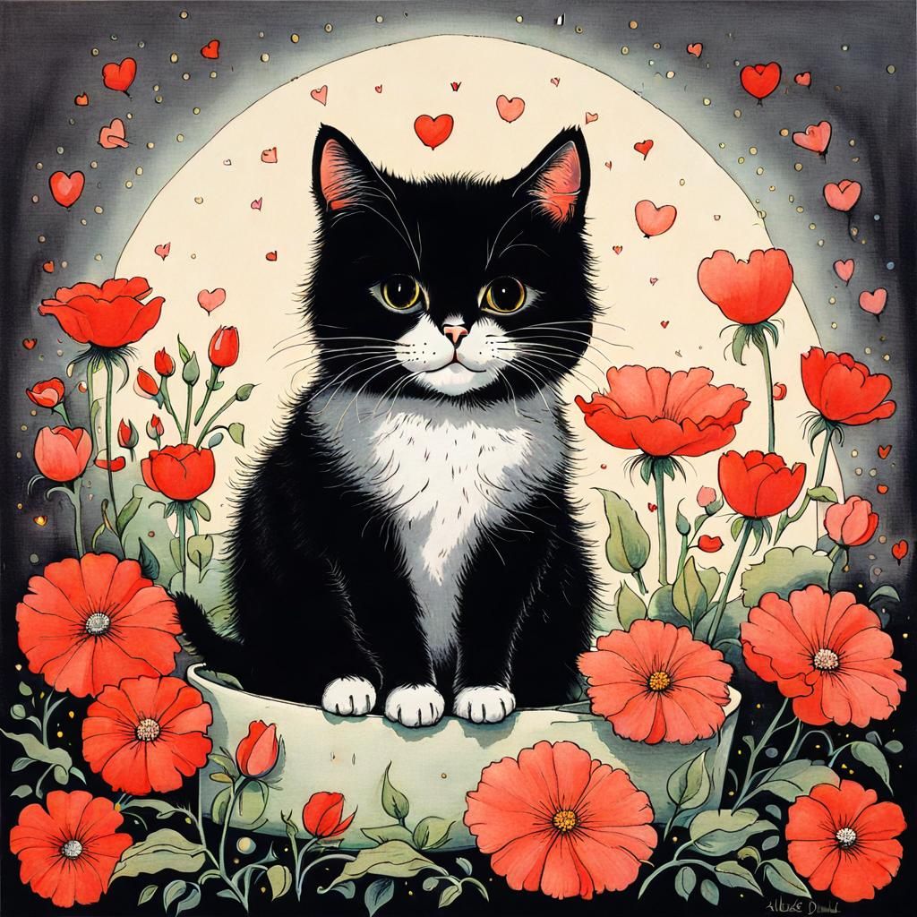 Cute Cat with Flowers in Cartoon Art Style