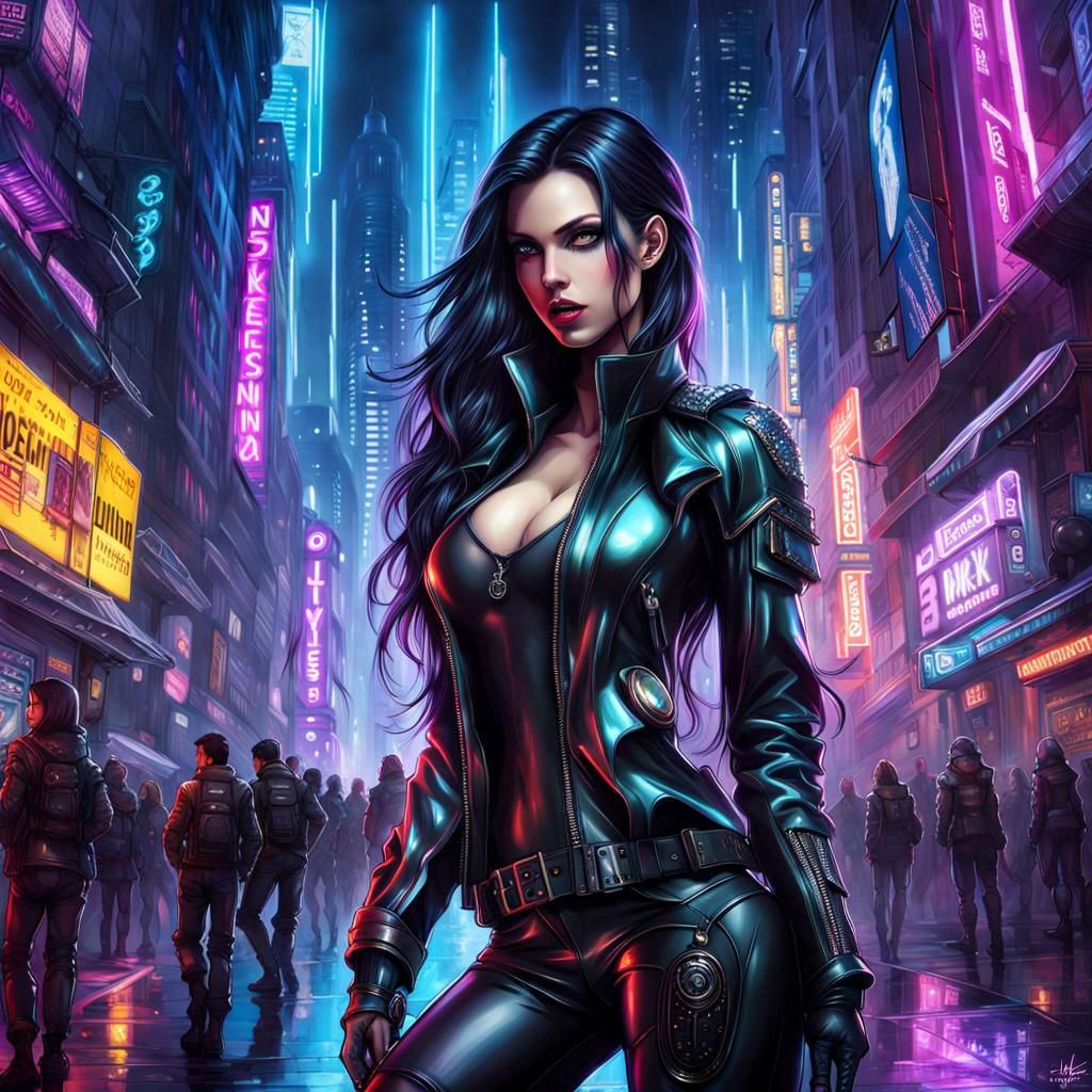 Cyberpunk Female Portrait in Neon Cityscape
