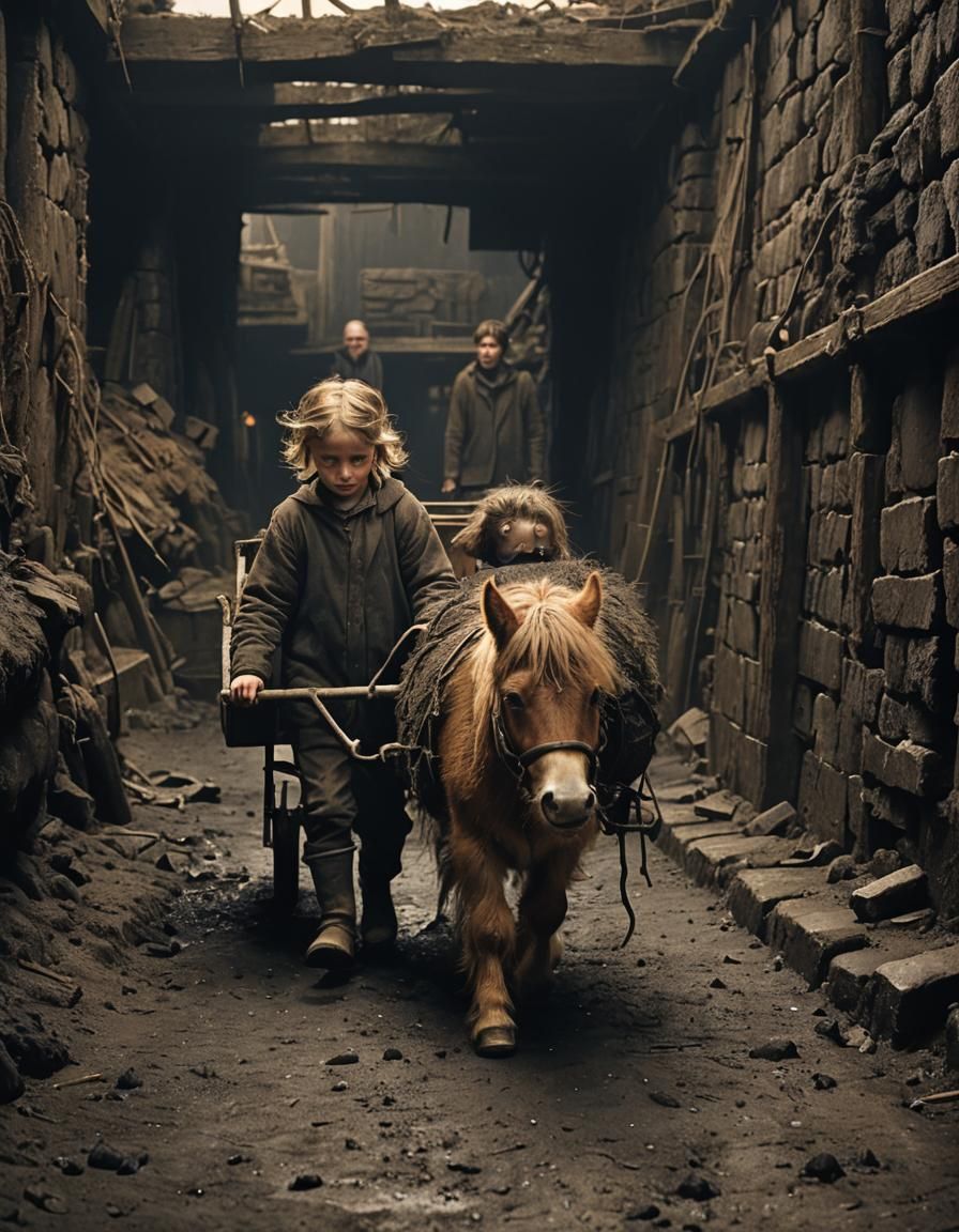 Child Leads Soot-Covered Pony Through Mine Shaft