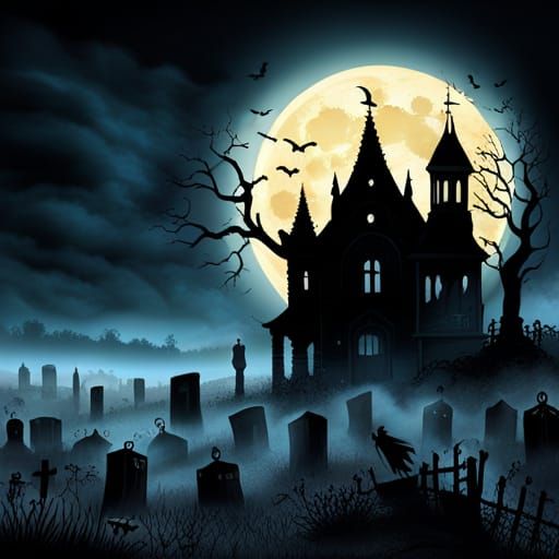 Eerie Haunted Graveyard with Bats and Glowing Moon