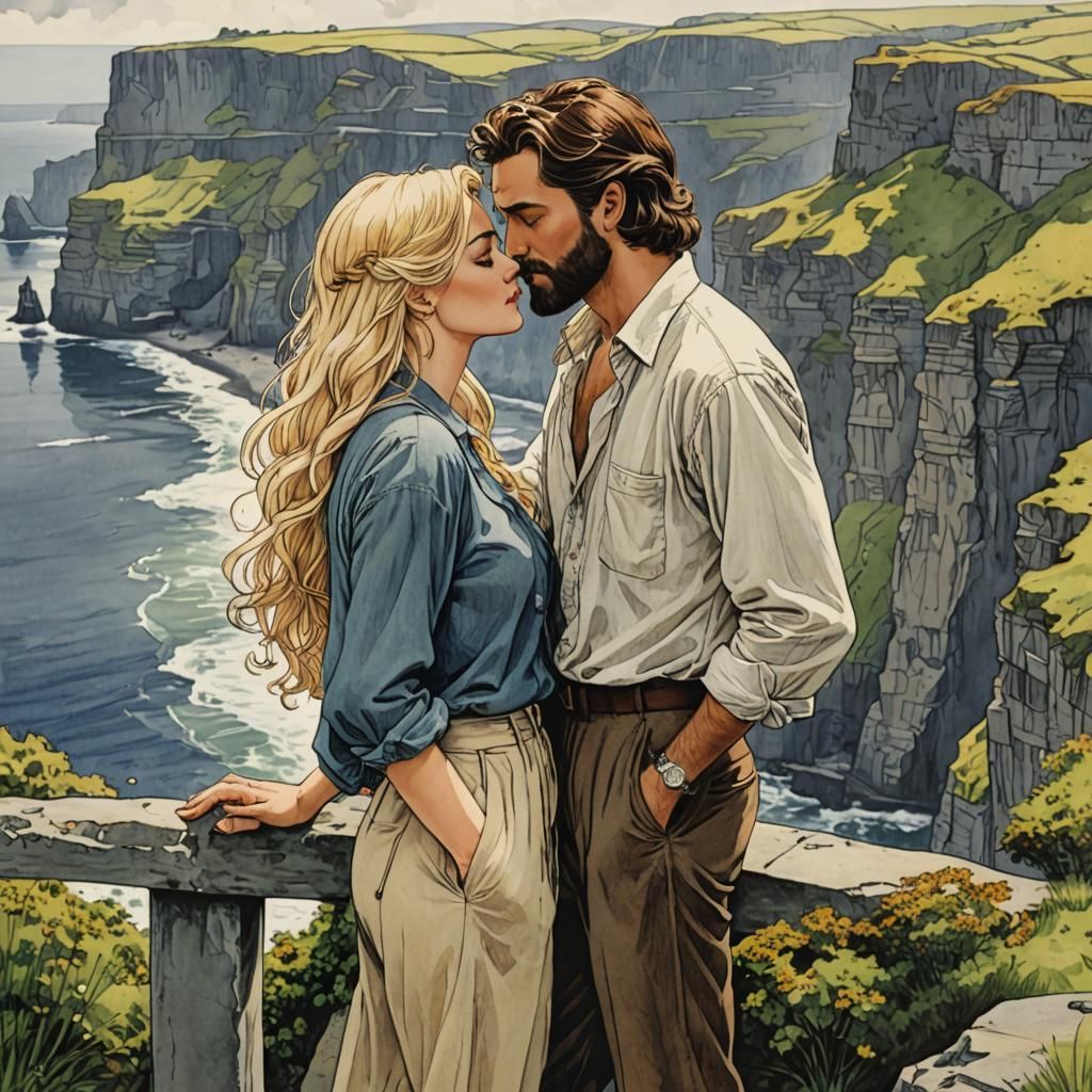 Passionate Couple Embrace at Cliffs of Moher
