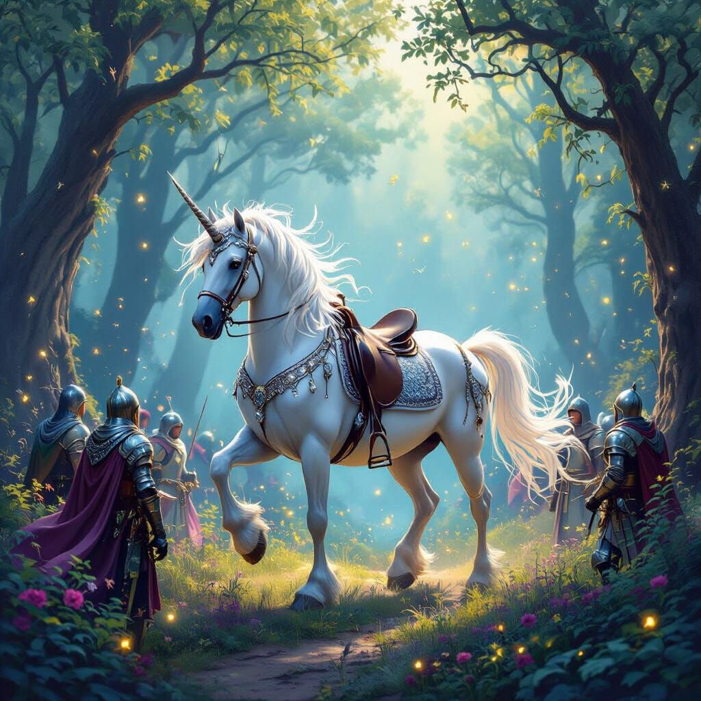 Unicorn in Enchanted Forest with Noble Knights