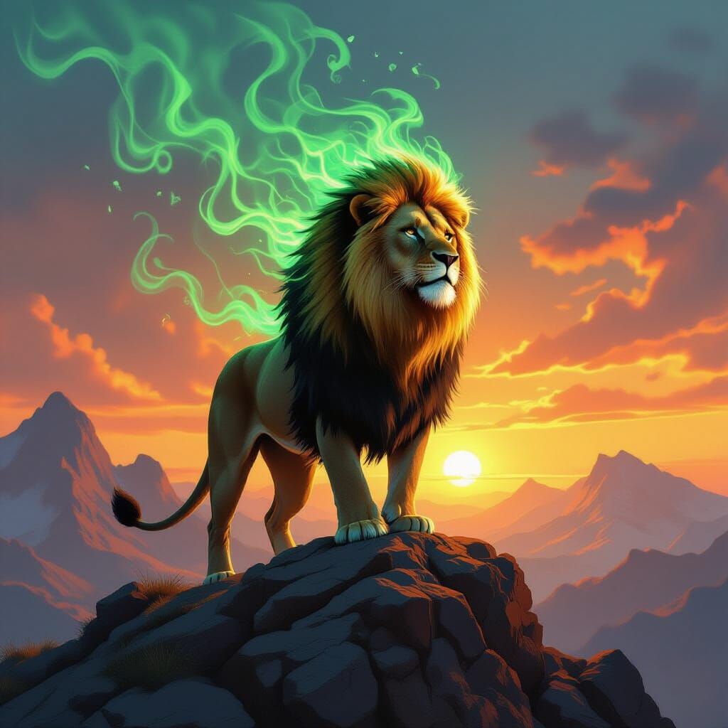 Majestic Lion Atop Mountain with Green Flames at Sunrise