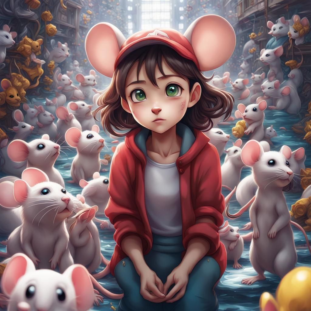 Anime Girl in Mice World, Detailed Digital Art