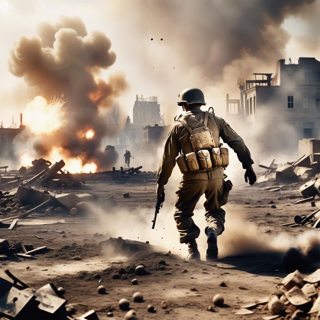 Gritty American Soldier Throws Grenade on Devastated WW2 Bat...