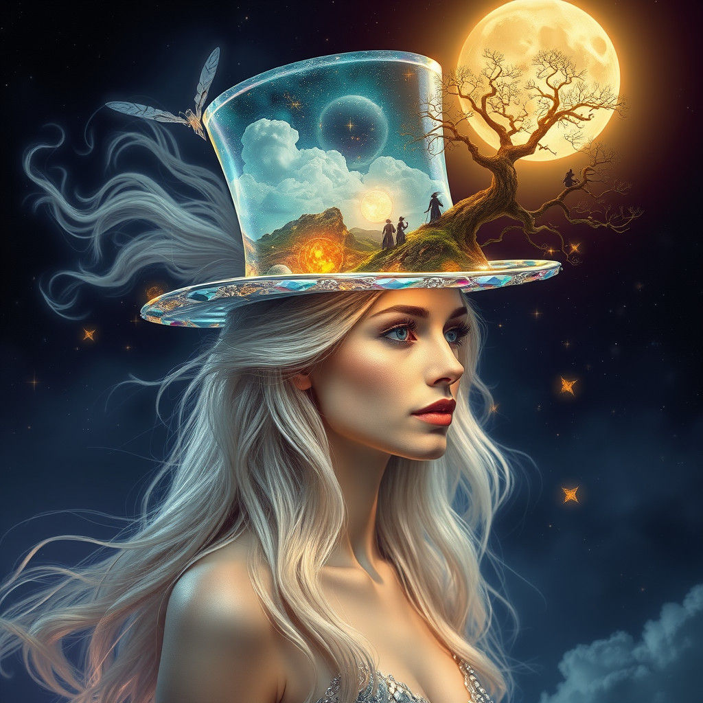 Ethereal Woman with Crystal Fedora, Mystical Scene