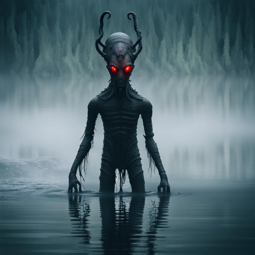 Lovecraftian Water Creature in Foggy Lake