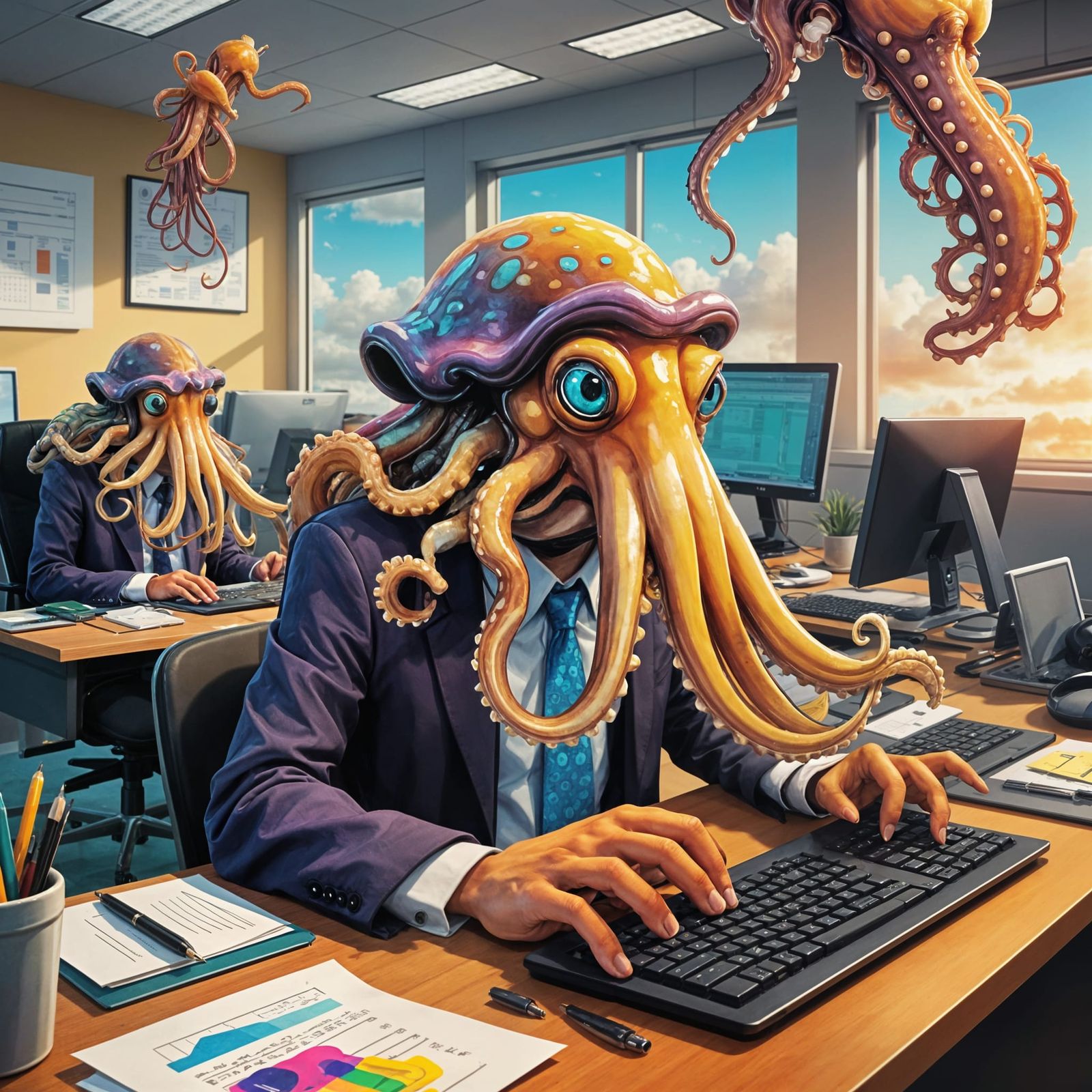 Cuttlefish Office Workers in Humorous Scene
