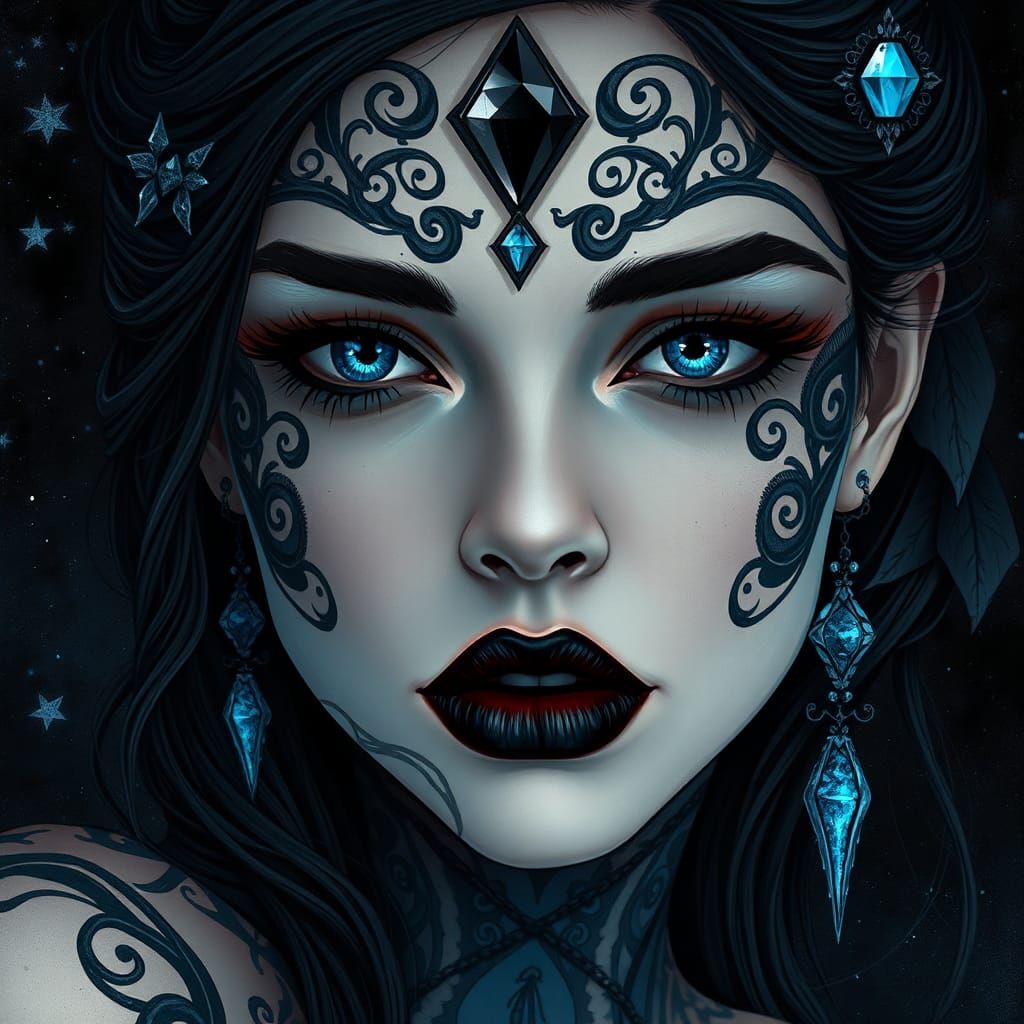 Mystical Woman Portrait with Black and Blue Lips