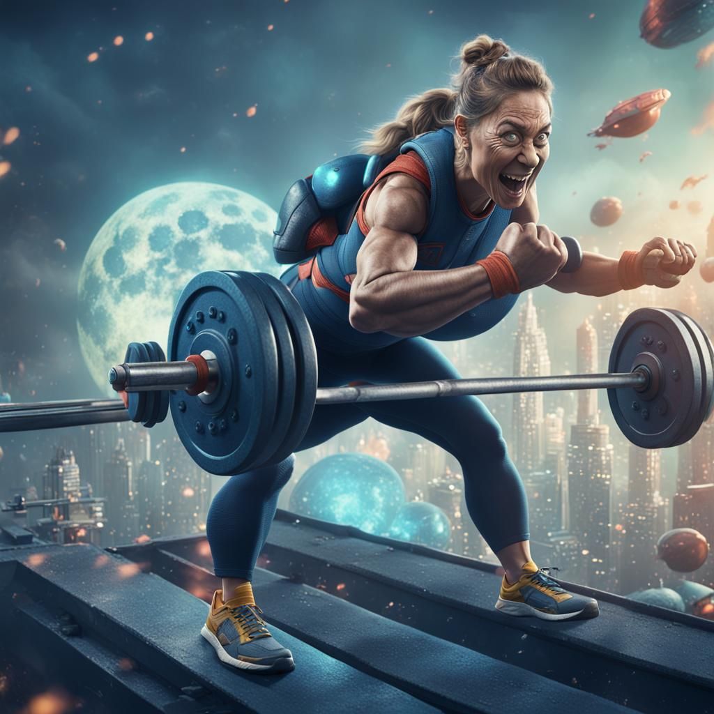Funny Woman Weightlifting: Detailed Matte Painting