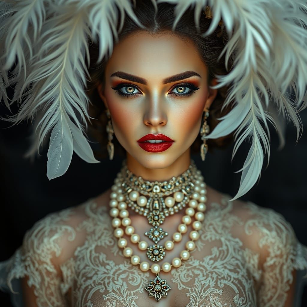 A glamorous portrait of a stunning woman with flawless porcelain skin, bold glossy red lips, and soft smokey eyes. She w...