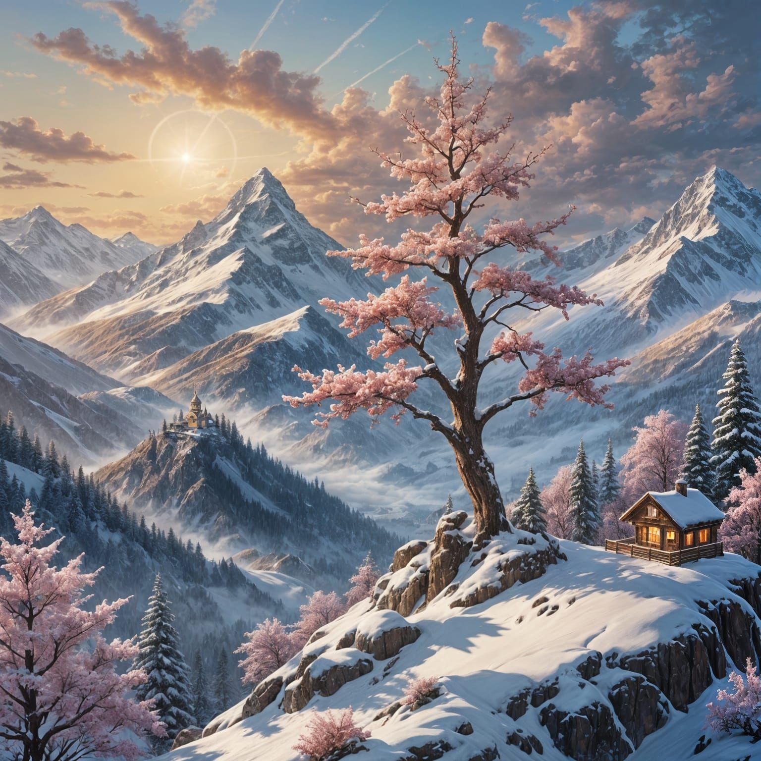 Giant Cherry on Snowy Peak: Fantasy Landscape
