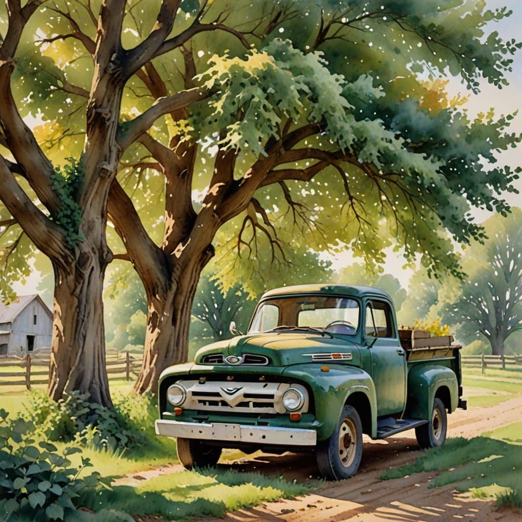 Watercolor Farm Scene with Vintage Ford Under a Majestic Tre...