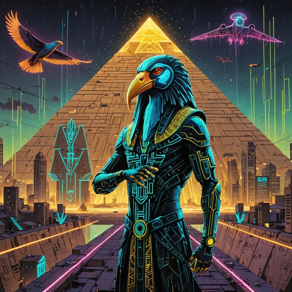 Cyberpunk Thoth Against Glowing Pyramid