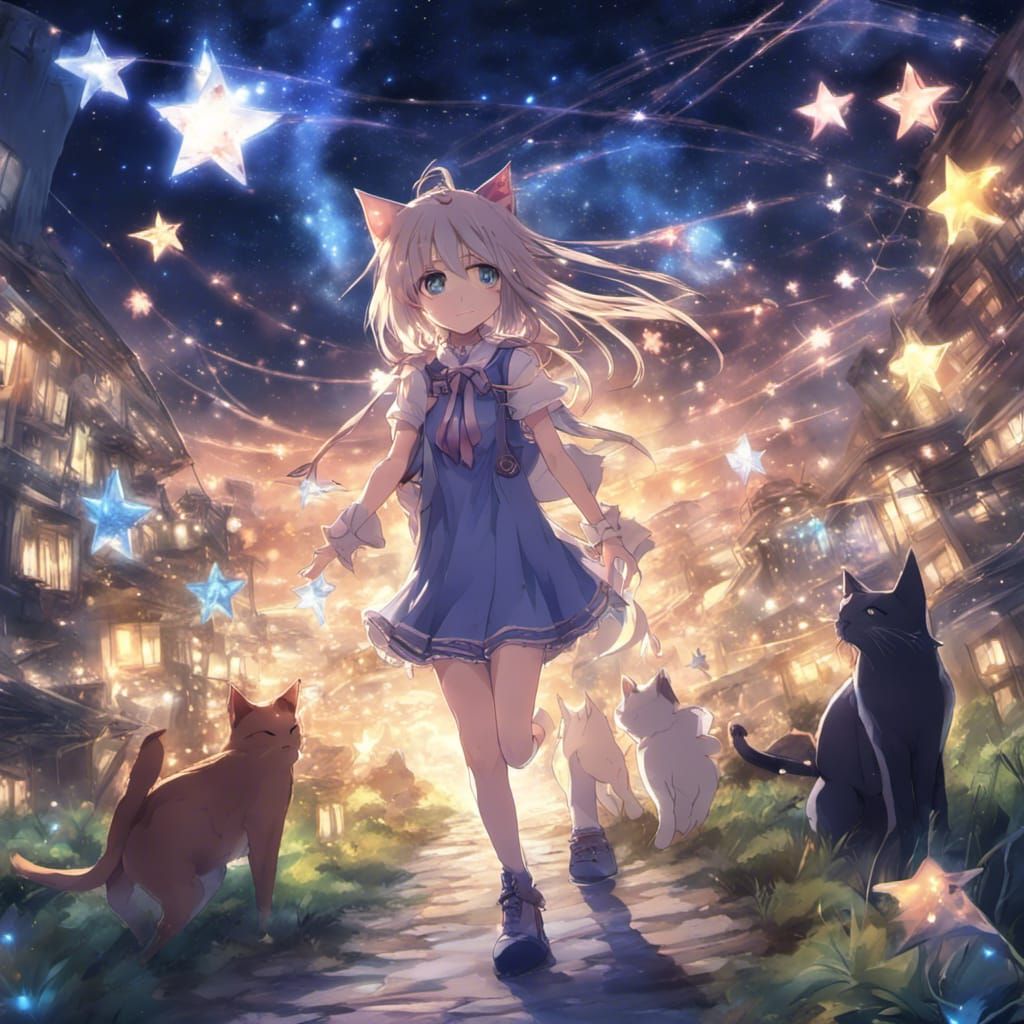 Catgirl's teen utopia colorful glowing footprints, trail of stars , enchanting utopia, crepuscular rays, soft particles,...