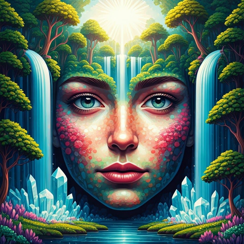 Surreal Face Merged with Utopian Landscape