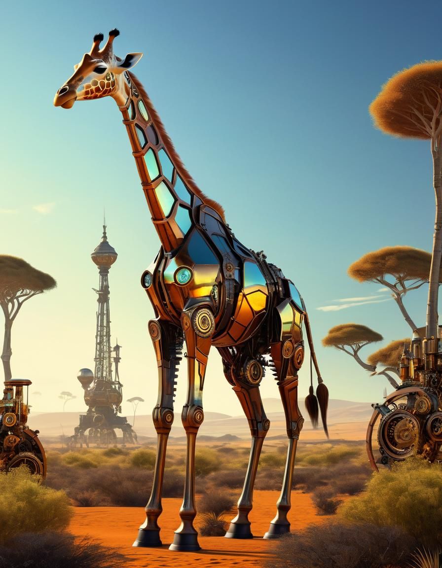 Epic Steampunk Giraffe in Vibrant Optical Surrealism