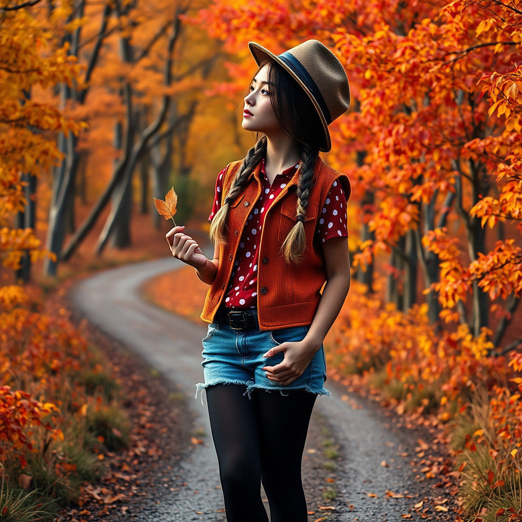 Hipster Girl in Autumn Landscape, Digital Art