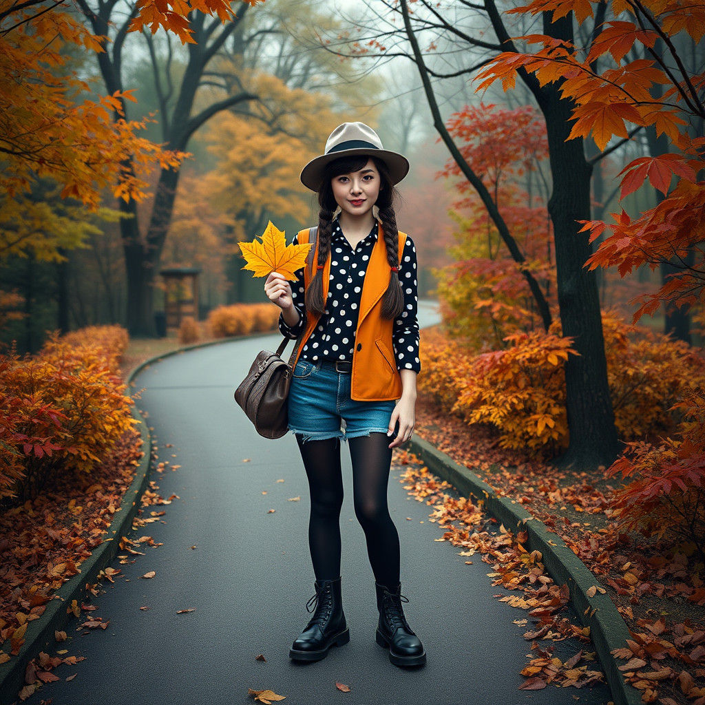 Hipster Girl in Autumn Park, Detailed Matte Painting