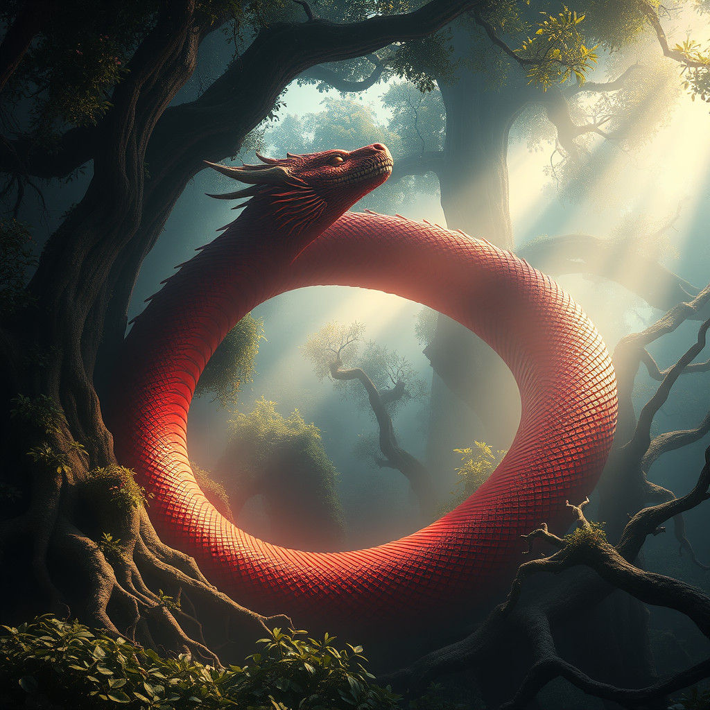 Crimson Serpent in Mystical Forest, Digital Painting