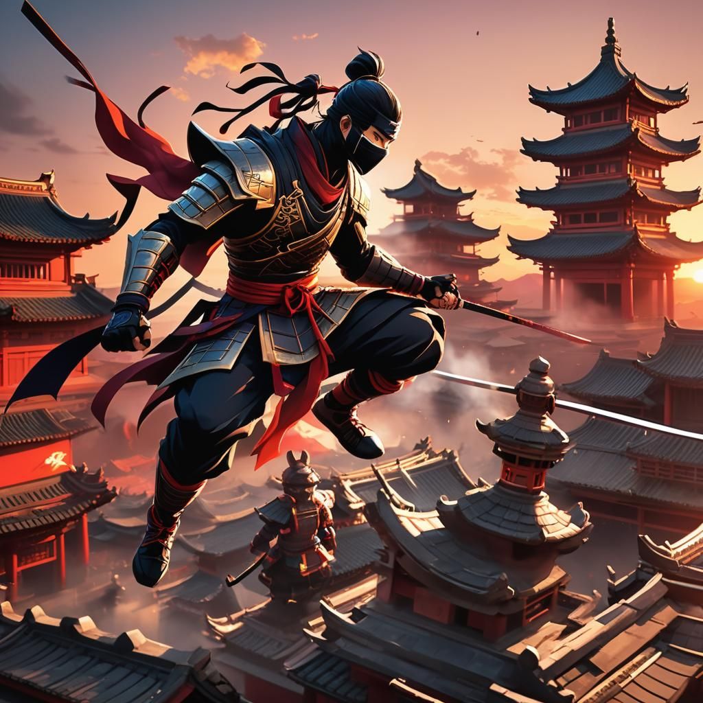 Anime Ninja Battle on Temple Roof at Sunset