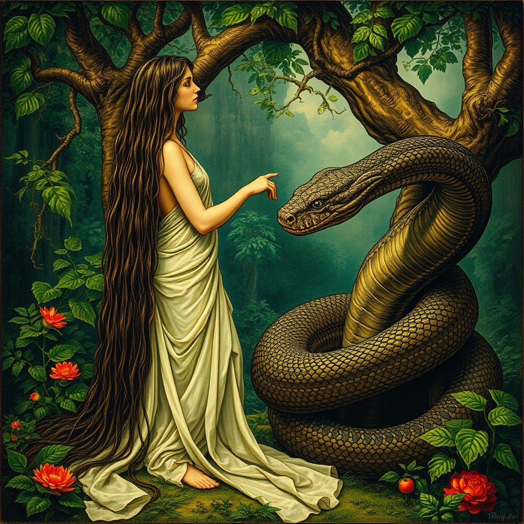 Eve in a Lush Garden of Eden, Reaching Out to the Serpent