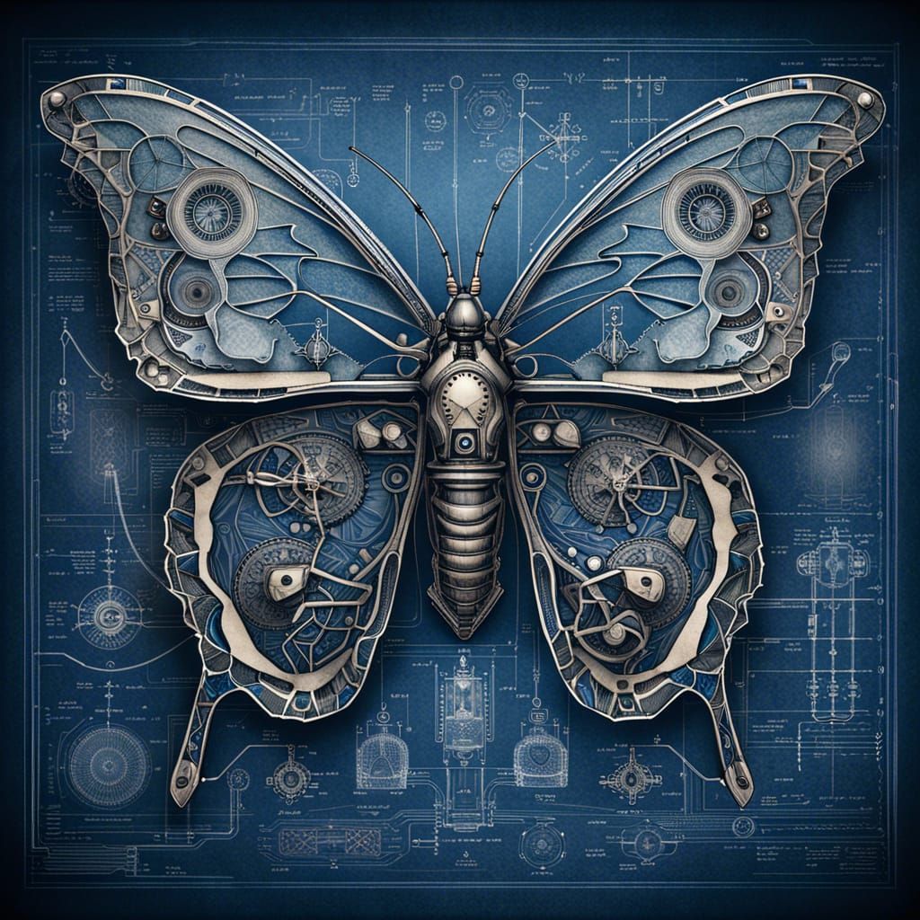 Biomechanical Butterfly Schematic in Cyanotype Style